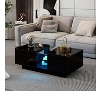 Pangshiyuan Moderna mesa de centro LED con 2 cajones, color negro brillante con placa acrílica, 100 x 50 x 35 cm, mesa de MDF para salón, dormitorio, iluminación LED controlable mediante aplicación