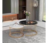 Pangshiyuan Moderna mesa de centro Nesting, juego de 2, mesas redondas con marco de metal, chapa de mármol, mesa auxiliar, color blanco y negro, 70 x 70 x 45 cm y 45 x 45 x 40 cm