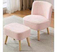 Pangshiyuan Sillón con taburete acolchado de terciopelo de peluche, ergonómico, sin reposabrazos, patas de madera maciza, sillón relax con reposapiés para dormitorio, salón, apartamento, color rosa