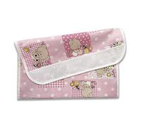 Panini Tessuti, Porta babero con nombre bordado, en algodón con tela Aida para bordar para la alimentación - almuerzo - merienda en la guardería tamaño 16x30 cm Fantasía Osos y abejas rosas