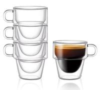 Panlouting 4 Pack | Vasos de Vidrio Térmico de Doble Capa para Espresso | Vaso de Vidrio Térmico 150ml con Asa | Vaso Térmico Transparente Apilable