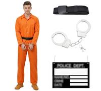 PANMAY Disfraz de carnaval para hombre, disfraz de prisión para hombre, color naranja, mono de convicto, disfraz de prisionero, disfraz para hombre con placa de nombre y esposas, mono Prisoner para