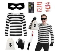 PANMAY Disfraz de ladrón de ladrón para adultos, disfraz de ladrón de ladrones, disfraz para Halloween, disfraz de ladrón en blanco y negro, bolsillo con parche de ojos a rayas, disfraz de depredador