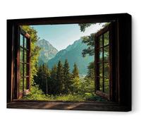 Panorama Cuadros Decoración Salón Modernos - Ventana Bosque 70x50 cm - Bastidor de Madera - Lienzos Decorativos para colgar en Pared - Regalos Originales para Dormitorios, Cocina, Habitación