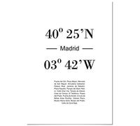 Panorama Lienzo Coordenadas Ciudad de Madrid 50 x 70 cm - Bastidor Incluido - Cuadros Decorativos para Salón - Decoración Moderna