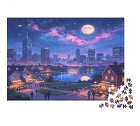 Panorama Nocturno de la Ciudad Puzzle de 1000 Piezas Papel para Adultos Lago a la Luz de la Luna Vista Nocturna Puzzle para Toda la Familia Relajación Concentración Decoración Regalo 38x26cm/1000pcs