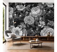 Panorámica De Pared Papel Pintado Boceto Un Gato Negro Y Una Peonía, Papel Tapiz Fotográfico Tema Plantas Y Animales, Negro Carbón Murales Para Sala De Estar Dormitorio Decoración 200 × 140 cm