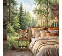 Panorámica De Pared Papel Pintado Bosque Pradera Ciervo, Papel Tapiz Fotográfico Estilo Acuarela Onírico, Verde Murales Para Sala De Estar Dormitorio Decoración 250x175cm