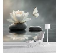 Panorámica De Pared Papel Pintado Elementos Mariposa Piedra Loto Blanco, Papel Tapiz Fotográfico Estilo Zen, Blanco Murales Para Sala De Estar Dormitorio Decoración 300 × 210 Cm