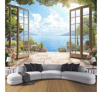 Panorámica De Pared Papel Pintado Flores De Las Montañas Oceánicas, Papel Tapiz Fotográfico Paisaje Costero Desde La Ventana, Azul Murales Para Sala De Estar Dormitorio Decoración 250x175cm