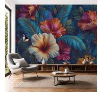 Panorámica De Pared Papel Pintado Flores Hibisco Hojas Palma, Papel Tapiz Fotográfico Flor Oscura Cibernética, Azul Murales Para Sala De Estar Dormitorio Decoración 400 × 280 Cm