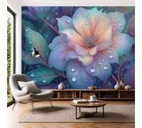 Panorámica De Pared Papel Pintado Gotas Rocío Flores Hibisco, Papel Tapiz Fotográfico Flores Ensueño, Morado Claro Murales Para Sala De Estar Dormitorio Decoración 450 × 315 Cm