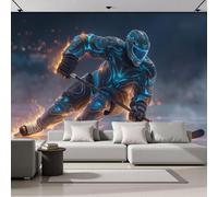 Panorámica De Pared Papel Pintado Jugador De Hockey Sobre Hielo, Papel Tapiz Fotográfico Estilo Deportivo De Ciencia Ficción, Azul Murales Para Sala De Estar Dormitorio Decoración 250x175cm