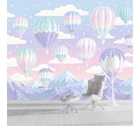 Panorámica De Pared Papel Pintado Nubes De Montaña En Globo Aerostático, Papel Tapiz Fotográfico Paisaje Onírico De Dibujos Animados, Rosa Murales Para Dormitorio Infantil Decoración 350x256cm