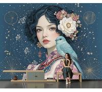 Panorámica De Pared Papel Pintado Pájaro Mujer De Cabello Negro, Papel Tapiz Fotográfico Retrato De Personaje De Fantasía, Azul Oscuro Murales Para Sala De Estar Dormitorio Decoración 250x175cm