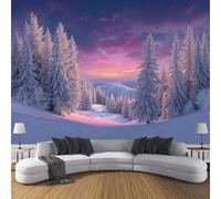 Panorámica De Pared Papel Pintado Puesta De Sol Sobre Montañas Nevadas Y Bosques De Pinos, Papel Tapiz Fotográfico Paisaje Romántico De Invierno, Rosa Murales Para Sala De Estar Dormitorio 400x280cm