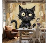 Panorámica De Pared Papel Pintado Un Gato Negro Leyendo Un Libro, Papel Tapiz Fotográfico Animales En Acuarela Vintage, Marrón Murales Para Sala De Estar Dormitorio Decoración 250x175cm