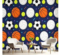 Panorámica Pared Papel Pintado Patrones Balones Fútbol Baloncesto,Papel Tapiz Fotográfico Equipo Deportivo Dibujos Animados,Azul Oscuro Murales Para Sala De Estar Dormitorio Decoración 400 × 280 Cm