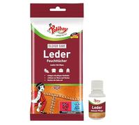 Paños húmedos para piel de POLIBOY, para el cuidado y la limpieza de cuero liso, refresca el color y protección con cera de carnauba, 1 x 20 toallitas, incluye muestra de producto, fabricado en