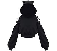 PANOZON Sudadera Corta con Capucha Orejas de Gato para Mujer Chicas Disfraz de Anime Ropa Graciosa,Negro 2XL