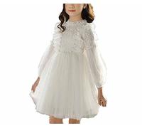 PanpanBox Vestido de princesa con mangas abotonadas, vestido de encaje, línea A, vestido de ocio, manga larga, vestido de fiesta, cuello redondo, 3-11 años, Blanco, 160 cm