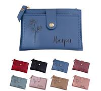 PANPANZZ Cartera Personalizada con La Flor del Mes De Nacimiento Y El Nombre, Regalo Personalizado para Pedirle A Una Amiga Que Sea Dama De Honor, Tarjetero para Damas De Honor De Cuero Vegano(Blue)