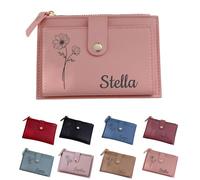 PANPANZZ Cartera Personalizada con La Flor del Mes De Nacimiento Y El Nombre, Regalo Personalizado para Pedirle A Una Amiga Que Sea Dama De Honor, Tarjetero para Damas De Honor De Cuero Vegano(Pink)