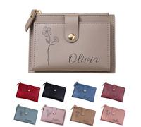 PANPANZZ Cartera Personalizada con La Flor del Mes De Nacimiento Y El Nombre, Regalo Personalizado para Pedirle A Una Amiga Que Sea Dama De Honor, Tarjetero para Damas De Honor De Cuero Vegano(Gray)
