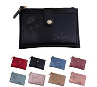 PANPANZZ Cartera Personalizada con La Flor del Mes De Nacimiento Y El Nombre, Regalo Personalizado para Pedirle A Una Amiga Que Sea Dama De Honor, Tarjetero para Damas De Honor De Cuero Vegano(Black)