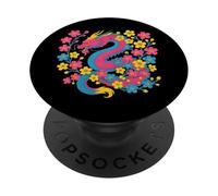 Pansexual Japanese Dragon Pan Pride Flag Colors Floral PopSockets PopGrip Adhesivo