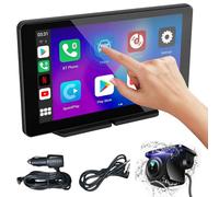 Pantalla Carplay Coche, 7 Pulgadas Portátil Carplay Coche y Android Auto, Car Play Inalámbrico para A-pple Coche con Cámara Trasera, Navegador, Control de Voz, Mirror Link, Bluetooth, FM, AUX