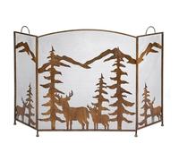 Pantalla protectora grande para chimenea, Mampara metálica for chimenea con diseño de alce, árbol y montaña, puerta plegable 3 hojas