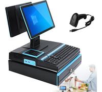 Pantalla táctil de 15,6 pulgadas, caja registradora, teclado, impresora integrada de 58 mm, ordenador TPV, punto de venta para fábricas, caja registradora para empresas y negocios Blue-DualScreen