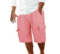 Pantalón a rayas para hombre - Pantalón corto de lino transpirable para hombre, de algodón, chic y cómodo, holgado, informal, de corte holgado, color sólido, pantalones de exterior ligeros, rosa, XL