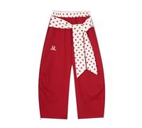 Pantalón Ancho Mujer Lunares Faja Decorativa Cintura Alta Contraste Panel Retro Y2K Moda Casual Lazo Detalle Marrón Rojo-color2||l