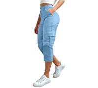 Pantalón Cargo Capri Mujer Talle Alto Control Vientre con Bolsillos Senderismo Cintura Elástica Casual Verano(Light Blue,XL)