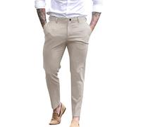Pantalón chino para hombre, corte ajustado, pierna acampanada, pantalón formal de algodón sergé elegante, informal, pantalón elástico, pantalón de negocios con bolsillos, caqui, L