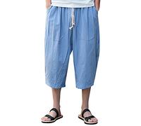 Pantalón corto 3/4 Hombre Pantalones Harem Casual Baggy Elástico Pantalones Cortos Kimono Japonés Tradicional Hombre Verano Amplio Cintura Elástica Color Sólido Pantalones Corto Asiático Cómodo, Sky
