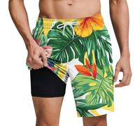 Pantalón corto de baño para hombre con estampado tropical superpuesto ideal para actividades de verano y vacaciones frente al mar, verde, 3XL