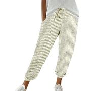 Pantalón corto de lino de las mujeres de verano pantalones Capri algodón y lino Chic Pantalones 3/4 Cintura Elástica Pantalones de Atajo Deporte Correr con Cordón de Ajuste de Rayas Largas de Playa