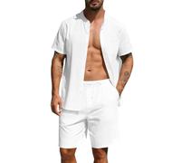 Pantalón corto Hombre Algodón Lino Camisa Abierta Verano Conjunto Mangas Cortas Largas Playa Traje Ligero Transpirable Confort Casual Vacaciones Frente al Mar Hombre Dos Piezas Sin Etiqueta