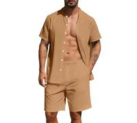 Pantalón corto Hombre Algodón Lino Camisa Abierta Verano Conjunto Mangas Cortas Largas Playa Traje Ligero Transpirable Confort Casual Vacaciones Frente al Mar Hombre Dos Piezas Sin Etiqueta