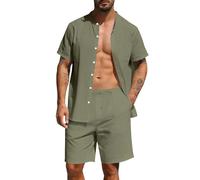 Pantalón corto Hombre Algodón Lino Camisa Abierta Verano Conjunto Mangas Cortas Largas Playa Traje Ligero Transpirable Confort Casual Vacaciones Frente al Mar Hombre Dos Piezas Sin Etiqueta