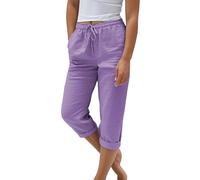 Pantalón corto Mujer Algodón Lino - Pantalones Casual Mujer Verano Pant Uni-Color Pantalones Primavera Verano Pantalón con Cordón de Ajuste Pantalones Cintura Elástico Corsario con Dos Bolsillos