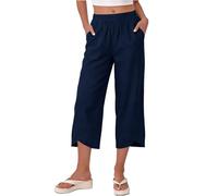 Pantalón corto Mujer Verano Ancho Fluido, Pantalón Lino 7/8, Corsario liso, Falda-Culote Chic | Lino Algodón, Cintura Elástica, Bolsillos Laterales, Dobladillo Cruzado, Pierna suelta recta | Verano