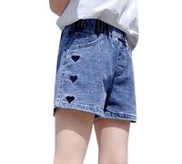 Pantalon Corto Niña - Pantalones Cortos Niño Deportivos Little&Big - Pantalones Cortos De Mezclilla De Verano para Niñas con Cintura Elástica Y Bordado De Flores (Dark Blue 9-11 Years)