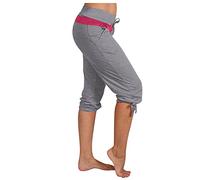 Pantalón corto para mujer deporte 3/4 pantalones de correr de algodón ligero Capri pantalones Yoga Gym Running Pantalones con bolsillos, gimnasio, entrenamiento sencillo plegable, gris, L