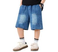Pantalon Corto Vaquero Niño Pantalón Cortos de Pierna Ancha en Denim Baggy Jean Shorts Elástico Cintura Bermuda con Bolsillos Denim Shorts Boys 13-14 años