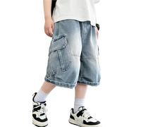 Pantalon Corto Vaquero Niño Pantalón Cortos de Pierna Ancha en Denim Baggy Jean Shorts Elástico Cintura Bermuda con Bolsillos Denim Shorts Boys 13-14 años