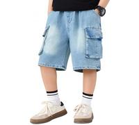 Pantalon Corto Vaquero Niño Pantalón Cortos de Pierna Ancha en Denim Baggy Jean Shorts Elástico Cintura Bermuda con Bolsillos Denim Shorts Boys 13-14 años